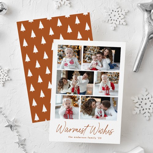 Warmest Wishes Terracotta Script 6 Photo Collage Holiday Card