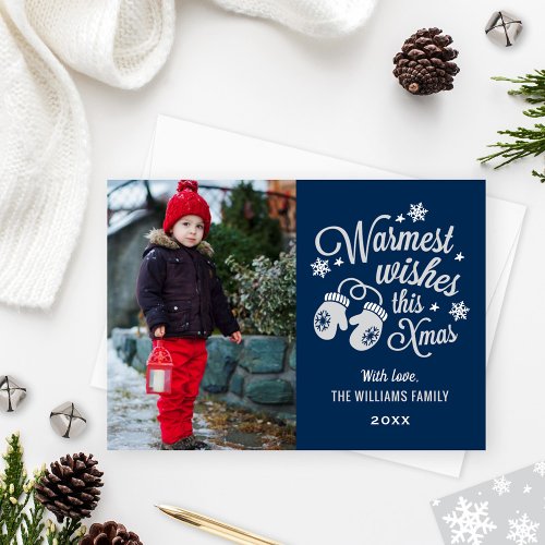 Warmest Wishes Vintage Navy Christmas Photo Holiday Card