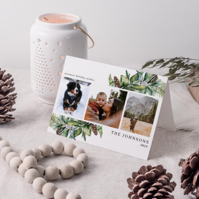 Warmest Wishes Winter Fir Cone Greenery Photo Holi Holiday Card (Get into the holiday spirit with a heartfelt folded christmas card! 🎅)