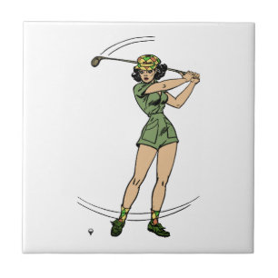 Warming Up for Golf Lady Golfer Ceramic Tile
