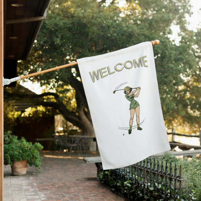 Warming Up for Golf Lady Golfer   House Flag (In SItu)
