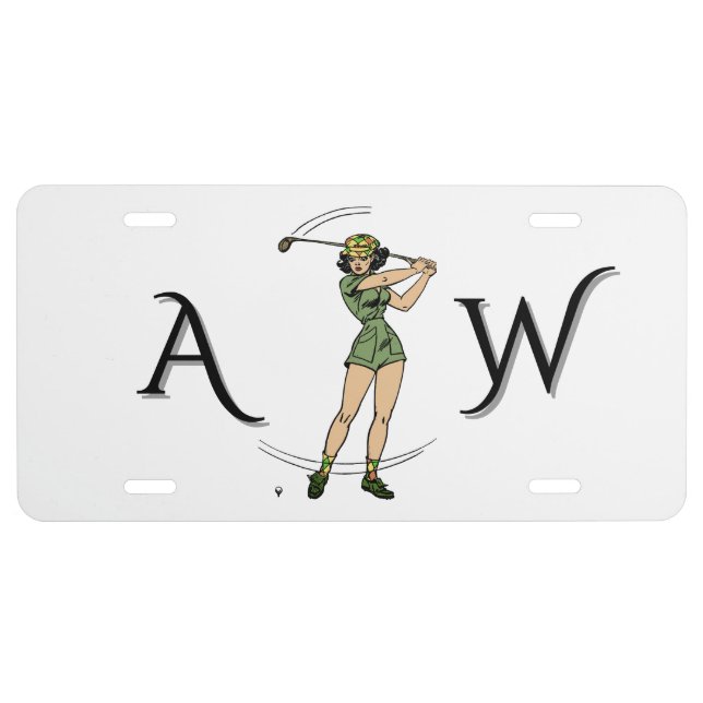 Warming Up for Golf Lady Golfer Monogram License Plate (Front)