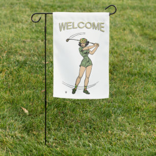 Warming Up for Golf Lady Golfer Welcome Garden Flag