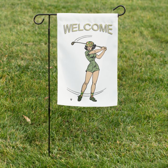 Warming Up for Golf Lady Golfer Welcome Garden Flag (In SItu)