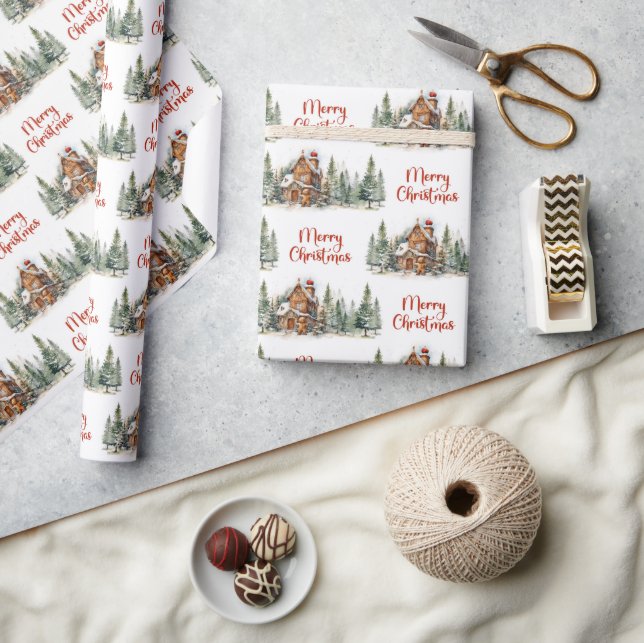 Warmish sage green pine forest red holly berries wrapping paper (Crafts)