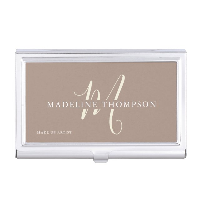 Warmth Beige Monogrammed Script Business Card Case (Front)