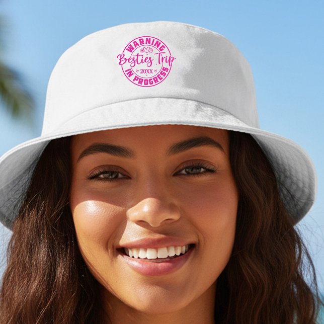 Warning Besties Trip in Progress Magenta on White Bucket Hat (Creator Uploaded)