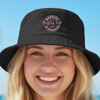 Warning Besties Trip in Progress Pink on Black Bucket Hat