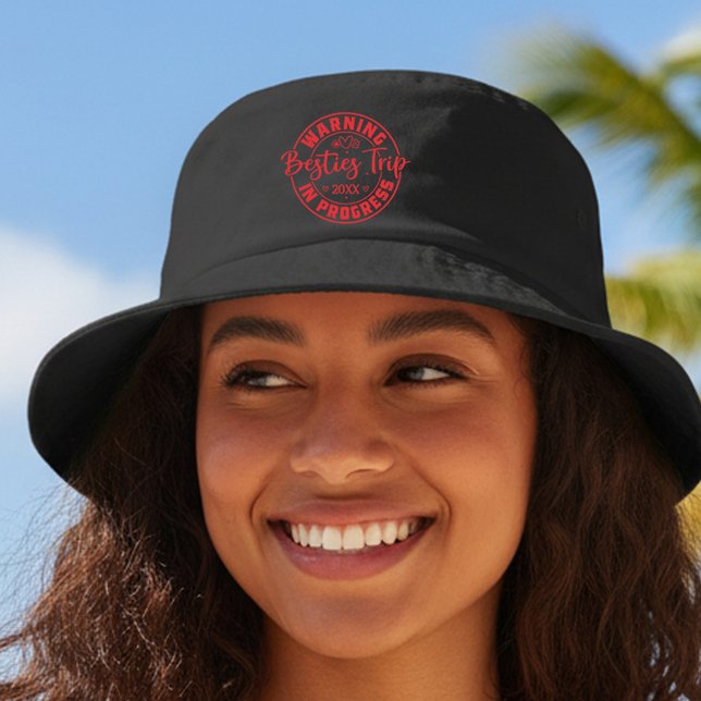 Warning Besties Trip in Progress Red on Black Bucket Hat (Creator Uploaded)