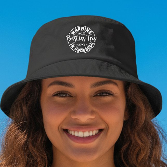 Warning Besties Trip in Progress White on Black Bucket Hat (Creator Uploaded)
