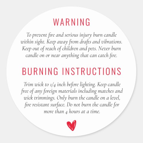 Warning Burning Instructions Candle Product Label