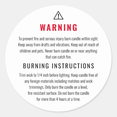 Warning Burning Instructions Candle Product Label