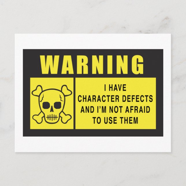 WARNING: CHARACTER DEFECTS POSTCARD (Front)
