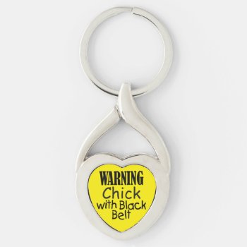 Warning Chick With Black Belt Keychain by TheMagpieCollection at Zazzle