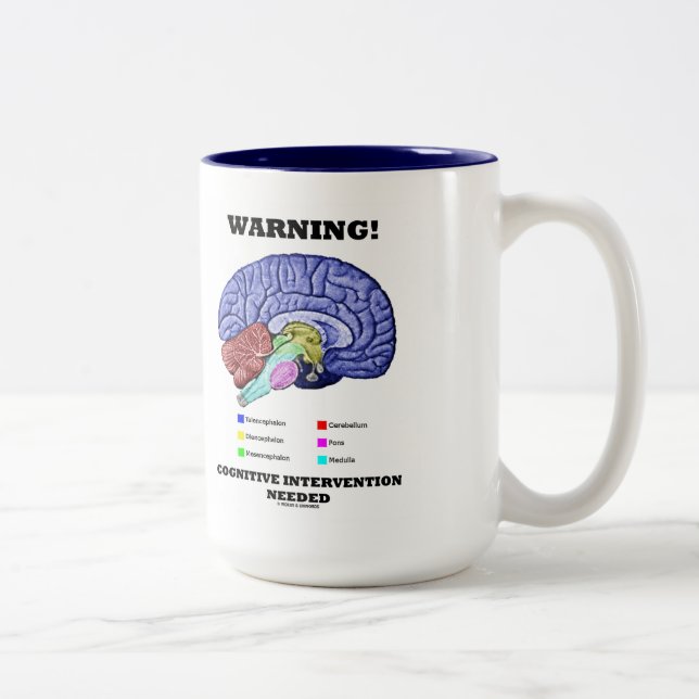 Warning! Cognitive Intervention Needed Brain Humor Two-Tone Coffee Mug (Right)
