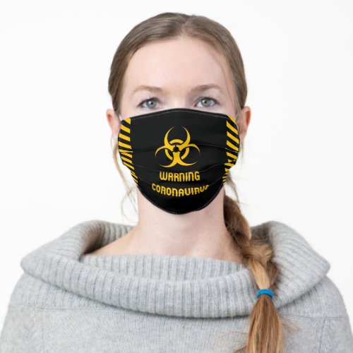 Warning Coronavirus Yellow Sign Black Background Adult Cloth Face Mask