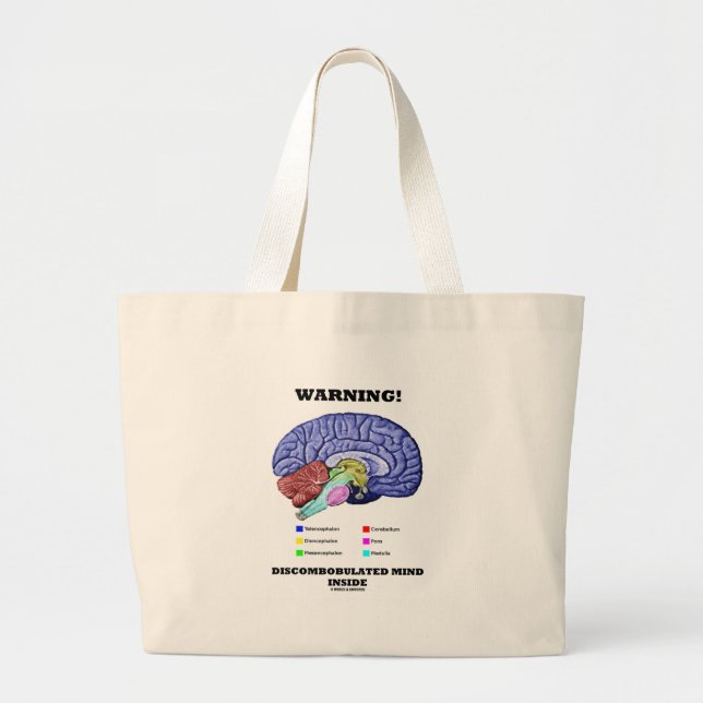 Warning! Discombobulated Mind Inside (Brain Humor) Large Tote Bag (Front)