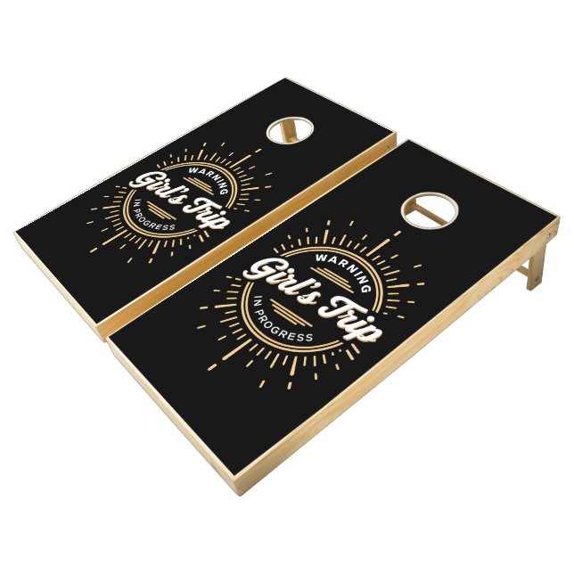 Warning Girls Trip in Progress Summer Vacation Cornhole Set (Angled)