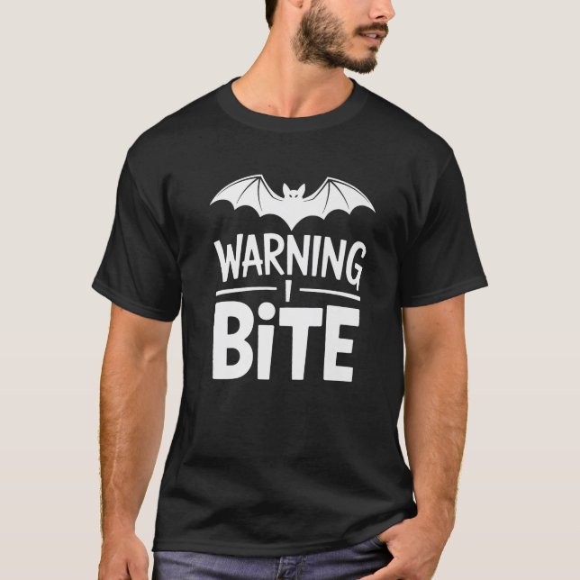 Warning I Bite Funny Halloween Humor Spooky Bat De T-Shirt (Front)