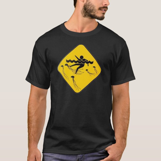 Warning Jellyfish in Water-Street sign T-Shirt (Front)