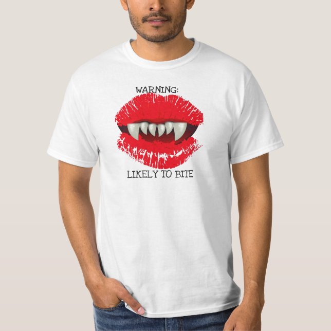 WARNING LIKELY TO BITE VAMPIRE LIPS PRINT T-Shirt (Front)