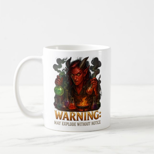 "WARNING: May Explode Without Notice" – Fantasy  Coffee Mug (Left)