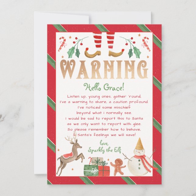 Warning Notice from Elf Behavior Warning Elf Invitation (Front)