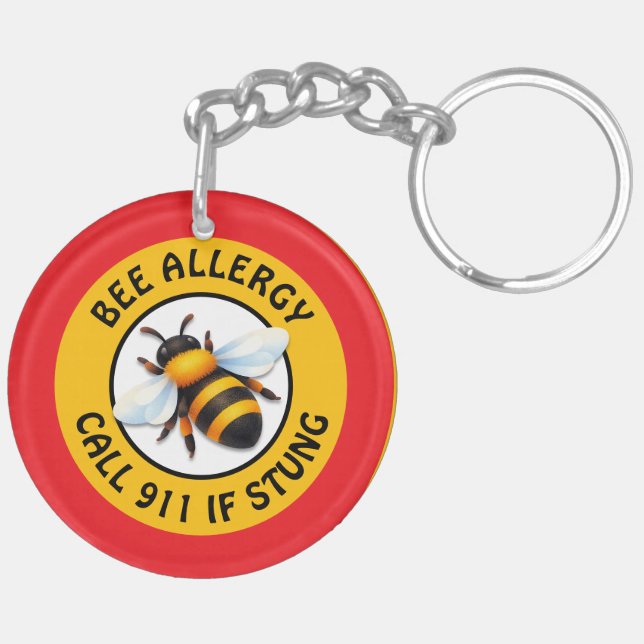 Warning Severe BEE Allergy Alert Button Keychain (Back Left)