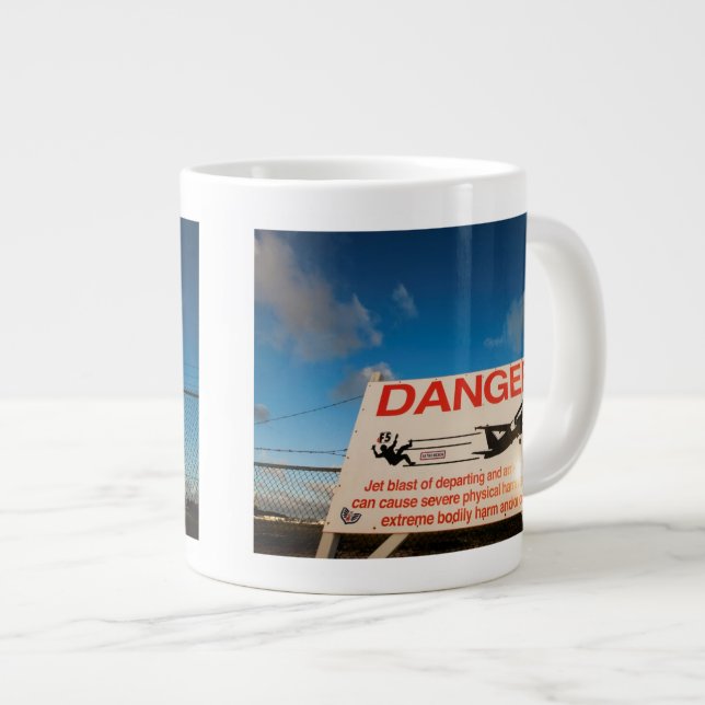 Warning sign near St. Maarten Airport, Large Coffee Mug (Front Right)