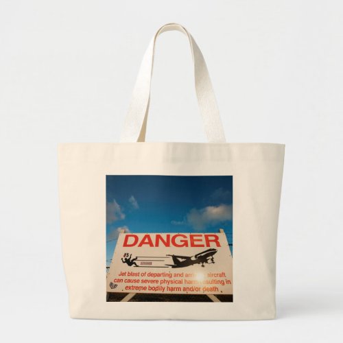 Warning sign near St Maarten Airport Large Tote Bag