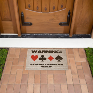 Warning! Strong Defender Inside Four Card Suits Fiber Doormat
