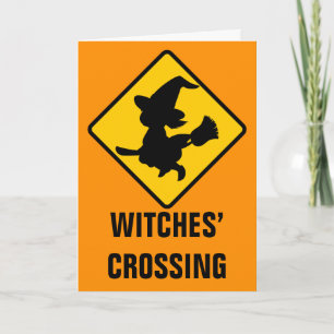 Warning Witches Flying on Broomsticks Ahead Card