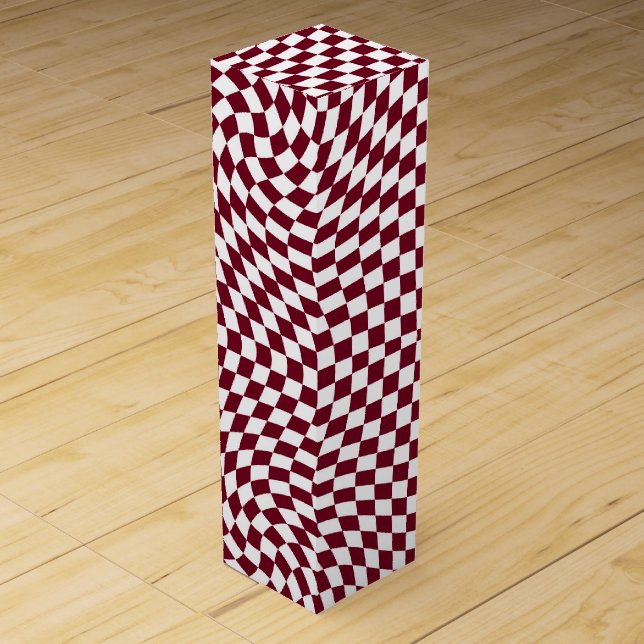 Warped Burgundy Red White Checks Checkered     Wine Box (Front)
