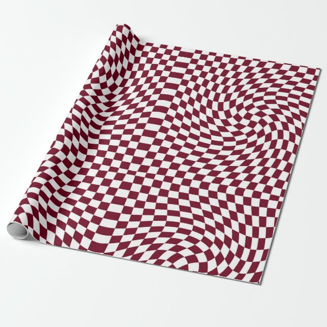 Warped Burgundy Red White Checks Checkered    Wrapping Paper (Unrolled)