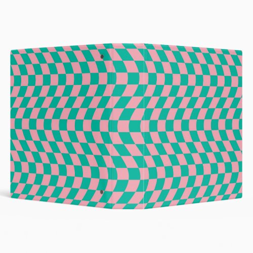 Warped Check Retro Checkerboard Pink Green Pattern 3 Ring Binder