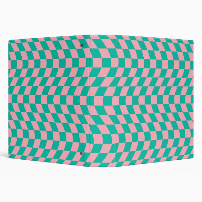 Warped Check Retro Checkerboard Pink Green Pattern 3 Ring Binder (Background)