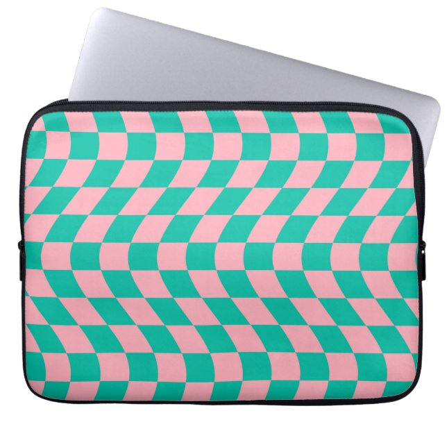 Warped Check Retro Checkerboard Pink Green Pattern Laptop Sleeve (Front)