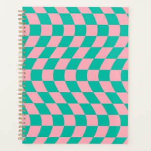 Warped Check Retro Checkerboard Pink Green Pattern Planner
