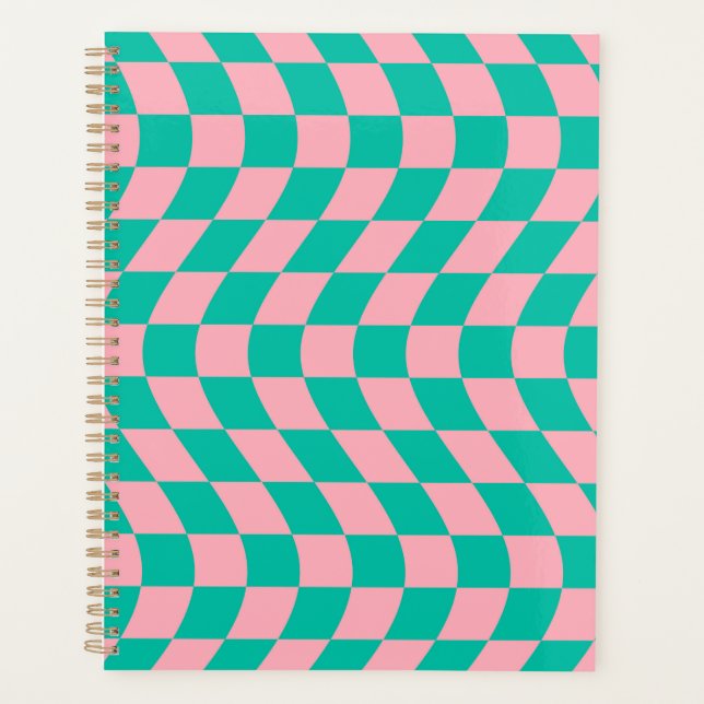 Warped Check Retro Checkerboard Pink Green Pattern Planner (Front)