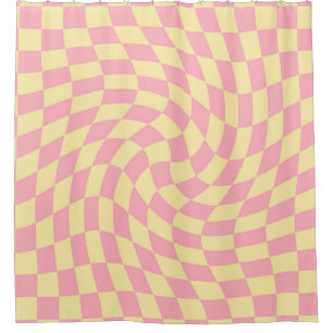 Warped Check Retro Checkerboard Pink Peach Dorm Shower Curtain