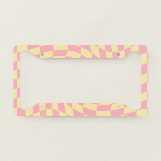 Warped Check Retro Checkerboard Pink Peach    License Plate Frame (Front)