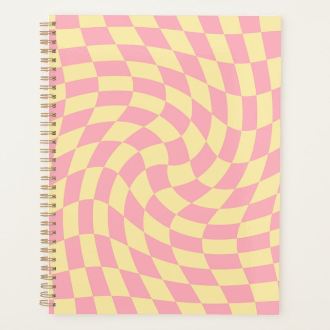 Warped Check Retro Checkerboard Pink Peach Pattern Planner (Front)