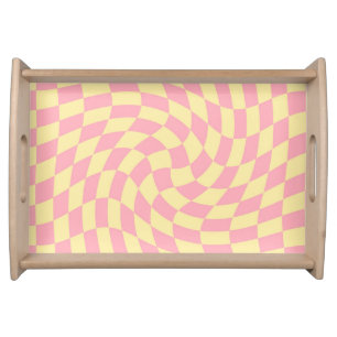Warped Check Retro Checkerboard Pink Peach    Serving Tray