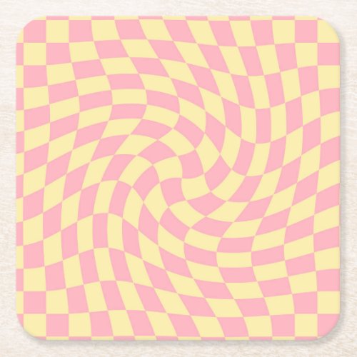 Warped Check Retro Checkerboard Pink Peach    Square Paper Coaster