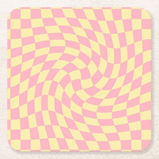 Warped Check Retro Checkerboard Pink Peach    Square Paper Coaster (Front)
