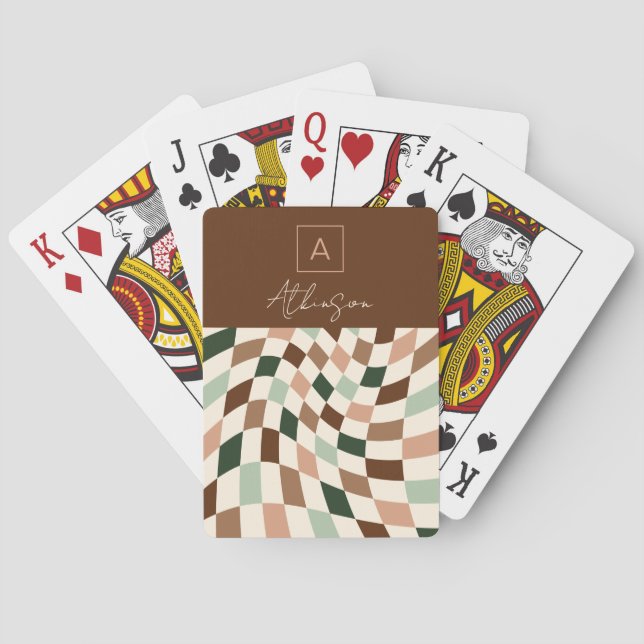 Warped Checkerboard Elegant Monogram Poker Cards (Back)