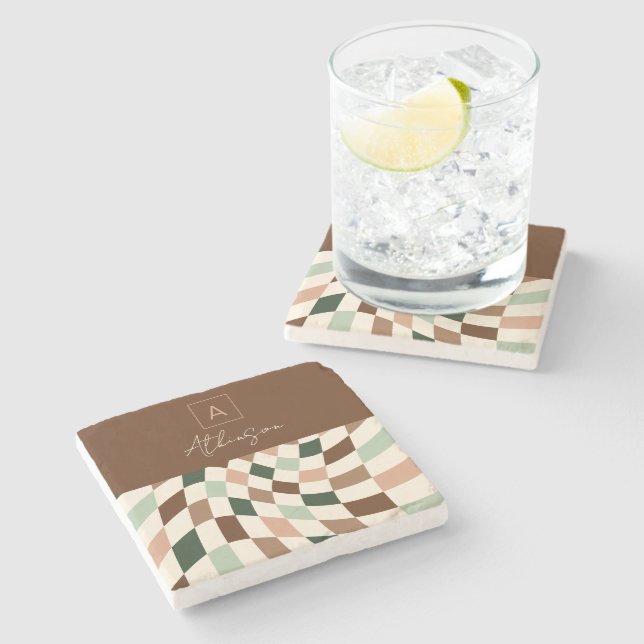 Warped Checkerboard Elegant Monogram Stone Coaster (Side)