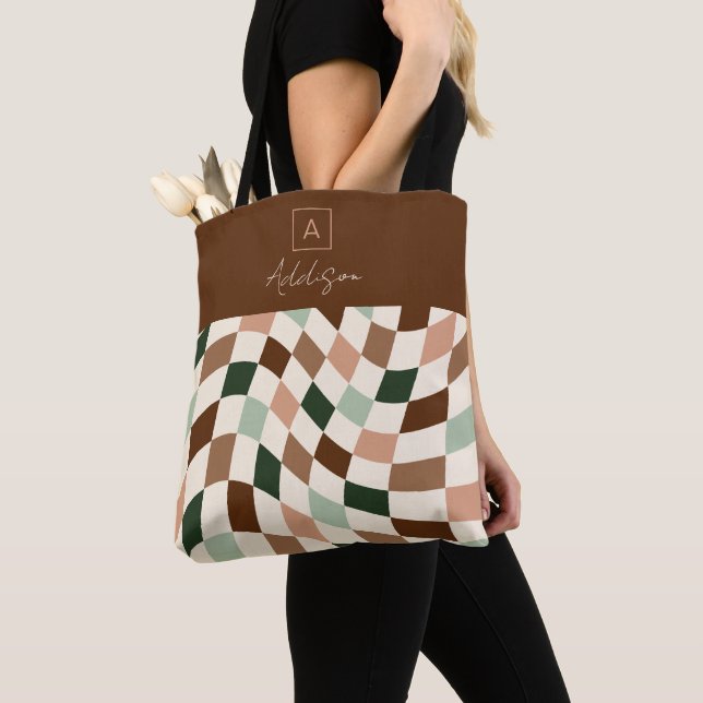Warped Checkerboard Neutral Personalized Monogram Tote Bag (Close Up)