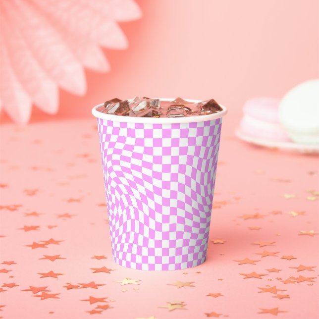  Warped Checkered Pattern Pink and White Fashion  Paper Cups (Insitu)
