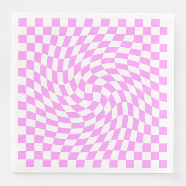  Warped Checkered Pattern Pink and White Fashion Paper Dinner Napkins (Front)